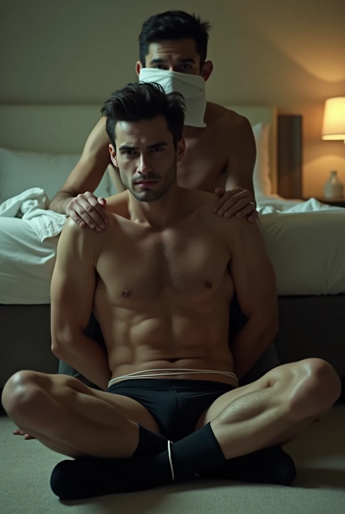 A 29 year old Italian guy with very short dark hair is sitting on the floor in hotel room. He is wearing tight mini briefs and black socks. His hands are behind his back. Kneeling behind him is a guy holding a clothe over his nose and mouth. 
 