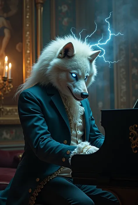 Mozart with his curly wig playing the piano with the face of an electric wolf 