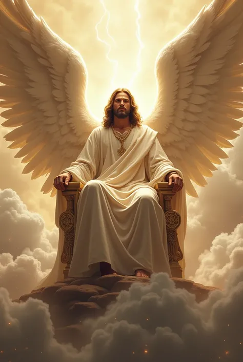 Realistic image of Jesus Christ in the heavenly clouds sitting on a throne with huge angels flanking the throne of Jesus 