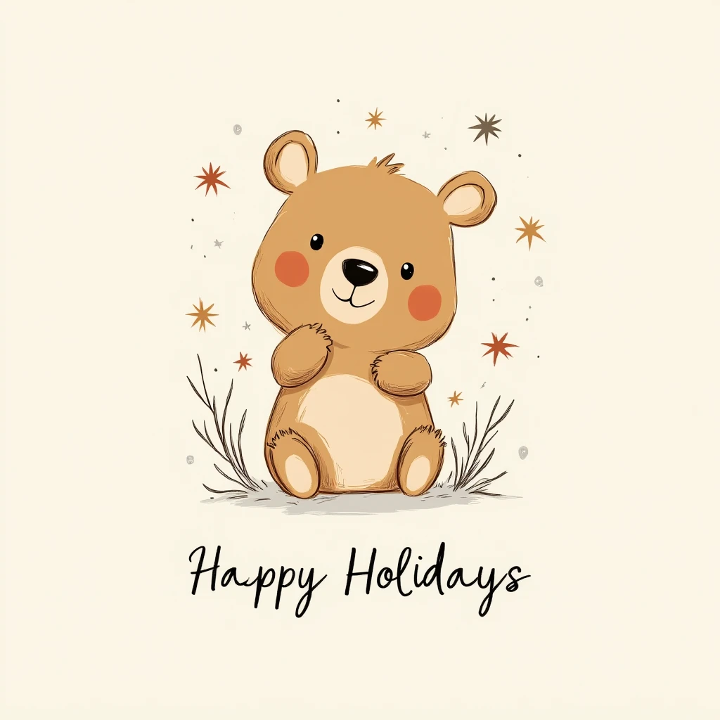 Bear drawing with illustration Style, Postcard, written in simple font "Happy Holidays"