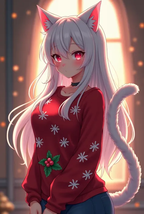 Cat Girl, White hair, Dark red eyes, Christmas shirt, Anime style, 25 years old, Big breasts 