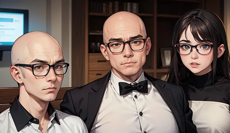  middle-built man, in glasses,  almost bald , Shaved, with a round face, Slightly thick , together with an attractive woman who was offended