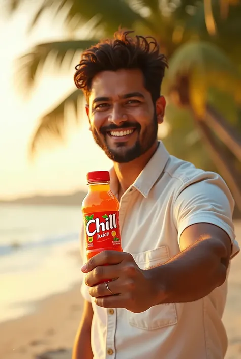 A charismatic young man resembling Malayalam film actor Dulquer Salmaan is holding a Chill branded juice bottle in his hand with a relaxed and confident smile. He is standing against a serene, tropical beach backdrop, the golden sunlight highlighting his f...