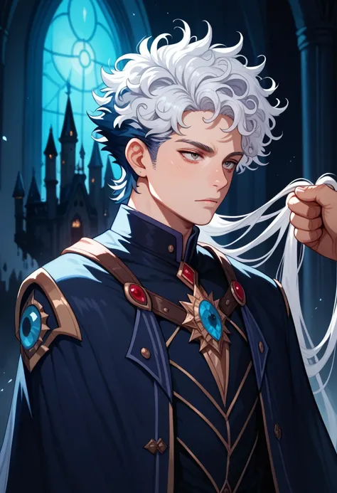 
male, dark wizard, majestic, dark castle backgroung, messy hair, curly hair, long white hair, hair pulled back, wild hair, gothic, dark indigo