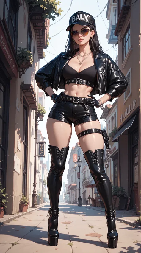 Full body painting　cap black short leather jacket　 Necklaces 　 black leather hotpants 　 thick belt　 extra long platform thigh-high boots　Black gloves　 Necklaces 　 large belt buckle　Tall, long-legged woman　Chain wallet 　 long dark hair 　 sunglasses　Hands on...