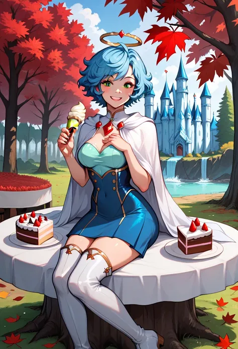 A cartoon of  with white wings and black tail ,,holy angel,（blue hair）,short hair,green eyes,light blue leotard,white cape,(blue flare skirt),white boots with red jewels,in autmn garden of castle,(((red leaves trees,))),sitting, (((too many cakes))),(((ice...