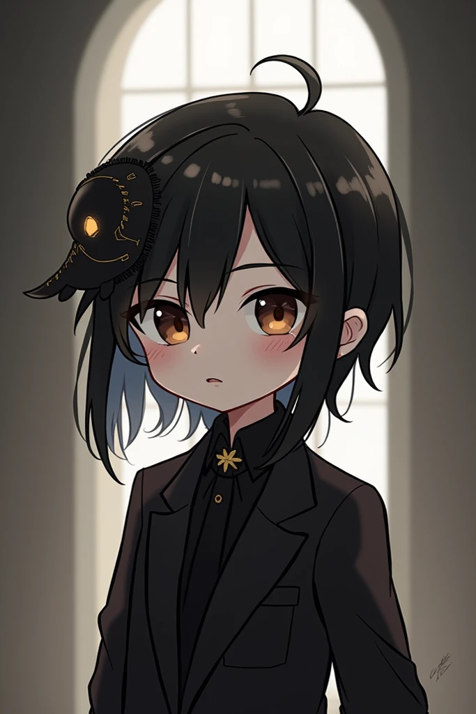 Un personnage chibi avec une expression neutre du visage ayant un masque mis sur le côté gauche supérieur de sa tête, regardant vers lécran, ayant les cheveux noir la peau brune et étant habillé en noir