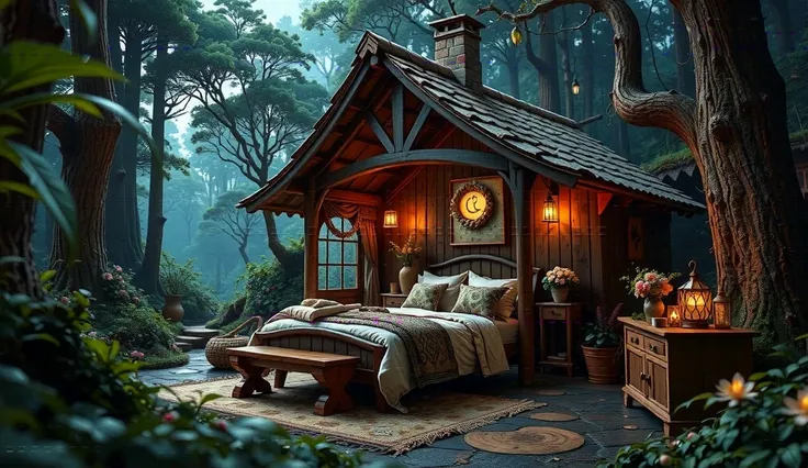 Deep in the woods at midnight, bedroom in a fairy house, rustic furniture, soft indirect lighting, earth-colored pillows and blanket on the bed, cosy enchanted scene, beautiful render of a fairytale, magical environment, relaxing concept art, cozy place, r...