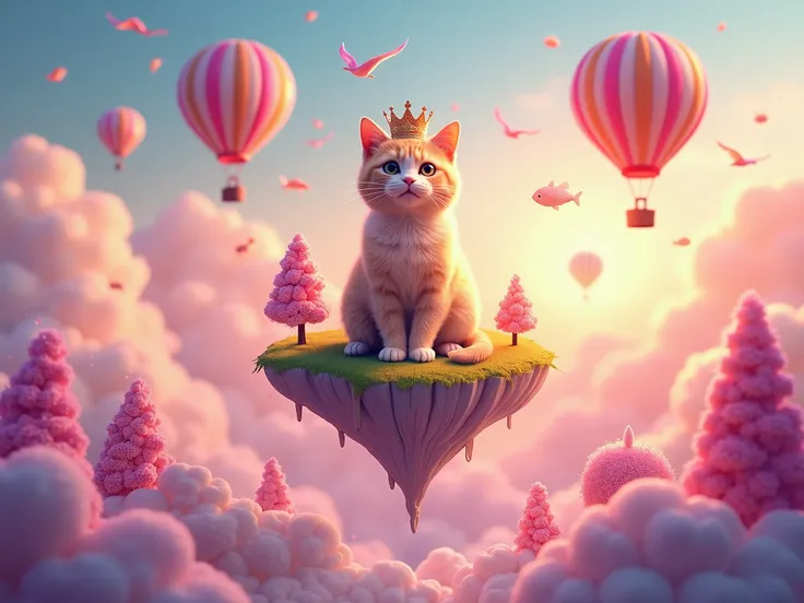 A vibrant YouTube banner featuring a surreal scene with a giant crowned cat sitting on a floating island in the sky. The island is surrounded by colorful hot air balloons, flying fish, and candy-like trees. The background features a dreamy sunset gradient ...