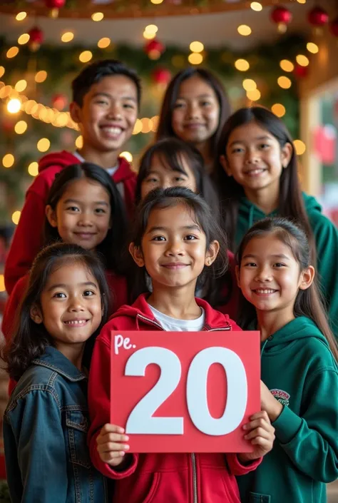  Small and large students posing in a photo with Christmas decorations with a poster with the price of $20 pesos  