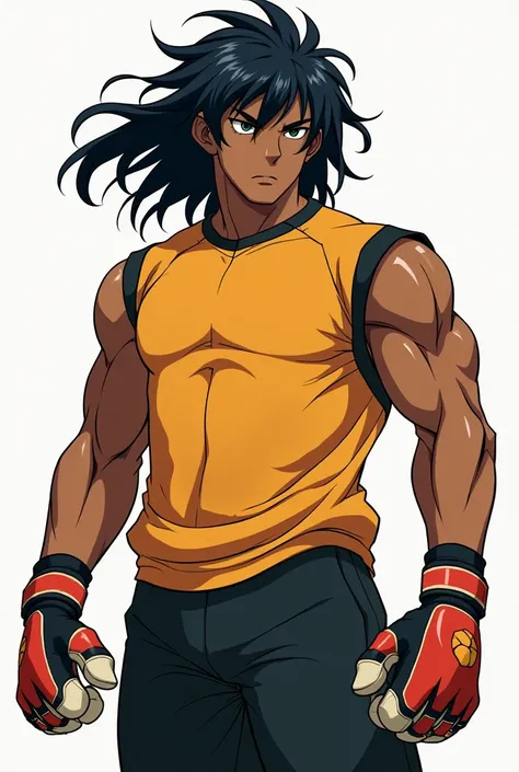 A young man with dark skin and a muscular but agile body. He has black eyes and long, shaggy, back-length black hair with bangs across his forehead, as well as framing strands at chin level. He is wearing goalkeeper gloves and attire. anime style