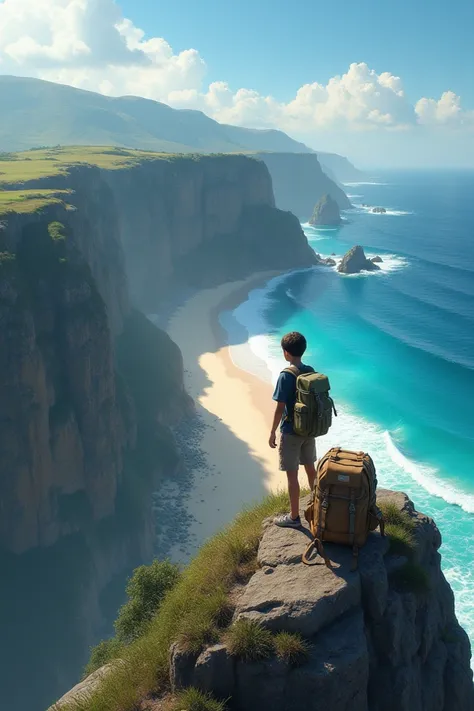 A boy standing on a cliff in front of a beautiful beach and next to him a large and very heavy backpack 