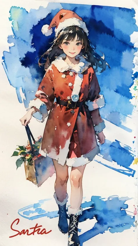 Santa girl, snow, chimney, 
(rough sketch, watercolor:1.3), 