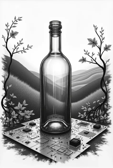 Black and white drawing of a bottle on a circuit covered with land and hilly vine 