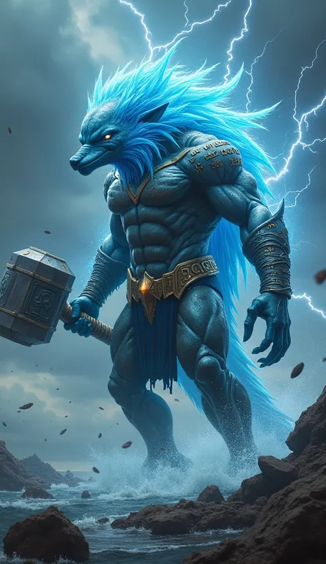 Design a  hybrid entity combining the dolphin’s feral majesty with aquaman’s godly power. The creature should have the dolphin’s muscular frame, light blue glowing mane, and razor-sharp claws, merged with aquaman’s armor, glowing runes, and the iconic Mjol...