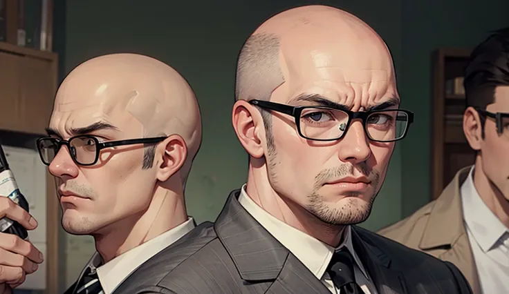  middle-built man, in glasses,  almost bald , Shaved, with a round face, Slightly thick ,  in a bad mood 