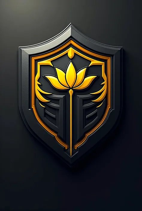 Make a soccer team shield with the colors black, gray and yellow with a lotus flower