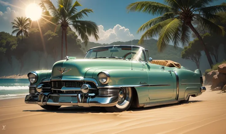 
Comic book illustrations, vintage cadillac convertible. 1950 style in the sand at the beach with coconuts and the sun shining by Syd Mead