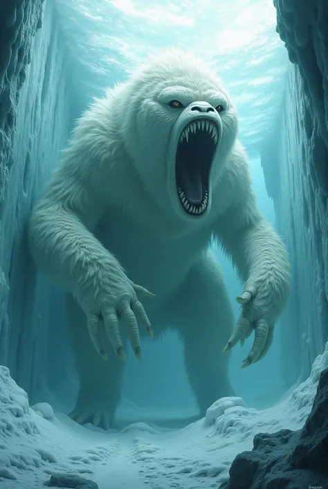 Ultra realistic giant submerged monster in a frozen glass cage with teeth and eyes with white skin and lots of fur 