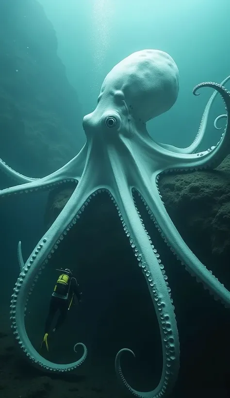 A giant white octopus, captured in a deep-sea photography scene, with a diver positioned next to it, showcasing the full body of the creature. --ar 9:16 --stylize 750 --v 6.1