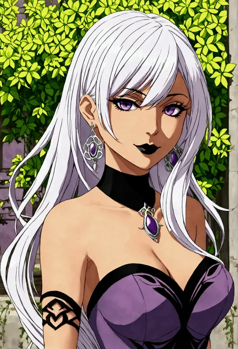 (masterpiece, best quality:1.3), Charmcaster, upper body, arms behind back, purple dress, cleavage, bare shoulders, strapless, sleeveless, very long hair, Low ponytail, white hair, bangs, solo, black lipstick, purple eyes, eyeliner, smirk, black choker, lo...