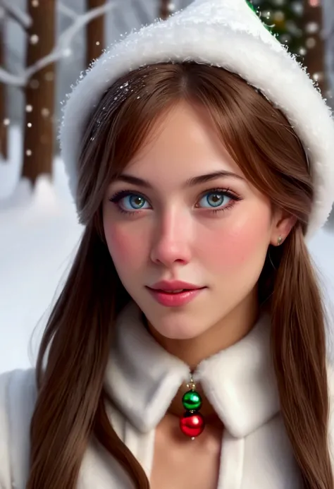 a cute 25 year old woman, gorgeous, friendly Christmas elf, pointy ears, large sparkling eyes, playing in the snow, Christmas wonderland, (best quality,4k,8k,highres,masterpiece:1.2),ultra-detailed,(realistic,photorealistic,photo-realistic:1.37),HDR,UHD,st...