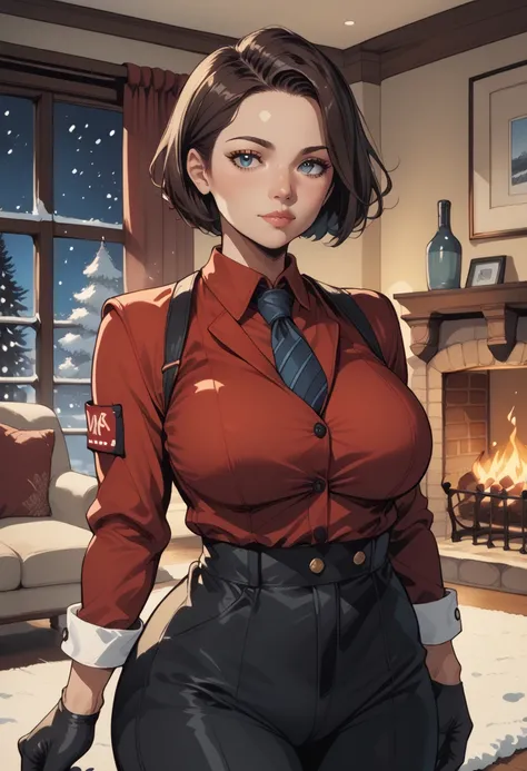 score_9, score_8_up, score_7_up, source_anime, 1woman, mature, human female, human, detailed face, jawline, smooth skin, beige skin, beautiful eyes, blue eyes, brunette, big breasts, bob cut hair, indoors, couch, fireplace, night, window, snow, red shirt, ...