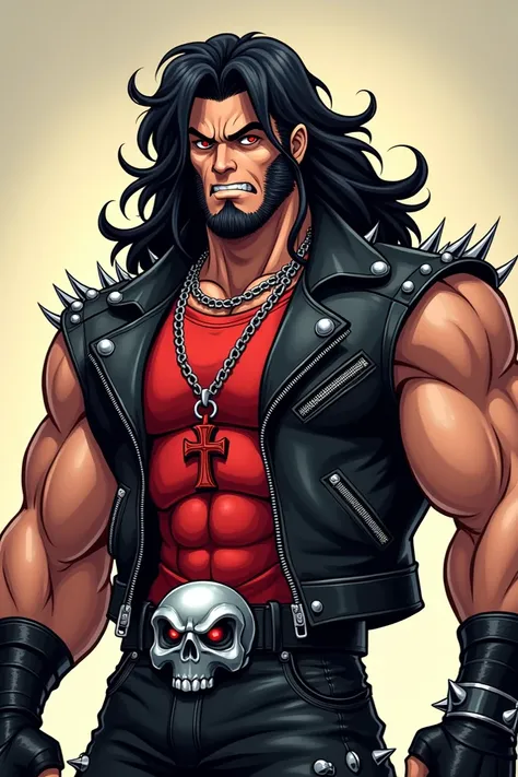  A cartoon drawing of a very muscular and hairy badboy man , long black and slightly wavy hair , eyes with red pupils,  a sleeveless black synthetic leather jacket with several chrome spikes ,  a red t-shirt inside the jacket ,  a silver chain around the n...