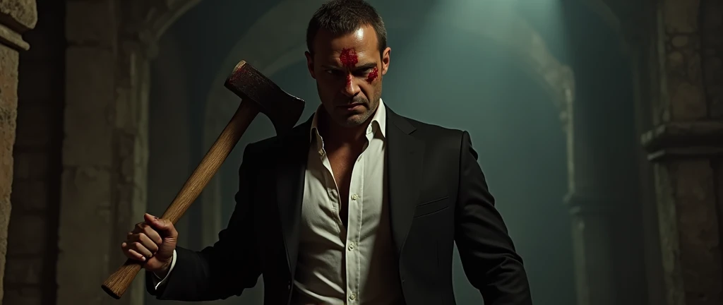 A man wearing black blazer as a gansgter look with holding axe and blood shed on his axe and shirt and face -walking swag, cinematic look