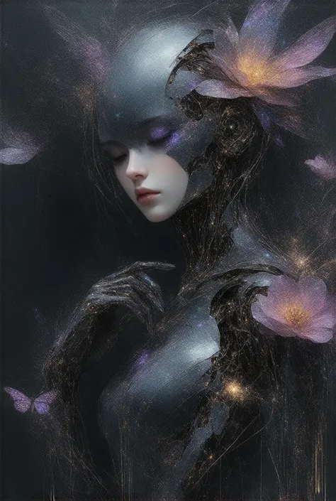 Beautiful robot girl, psychedelic vibrant flowers and mushrooms and butterflys, angel feathers, by Charlie Bowater, creepy background, by WLOP, by Artgerm, by Legend of the cryptids, Digital Art, Glitter Black and pastel,  5D, HD, Polished, Wires, Bone, in...