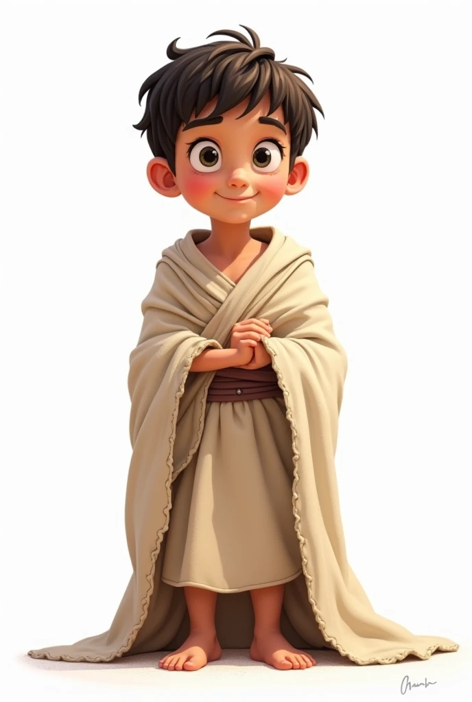 Drawing of a male boy with a blanket how they dressed in ancient times animated with a white background that is looking straight ahead 