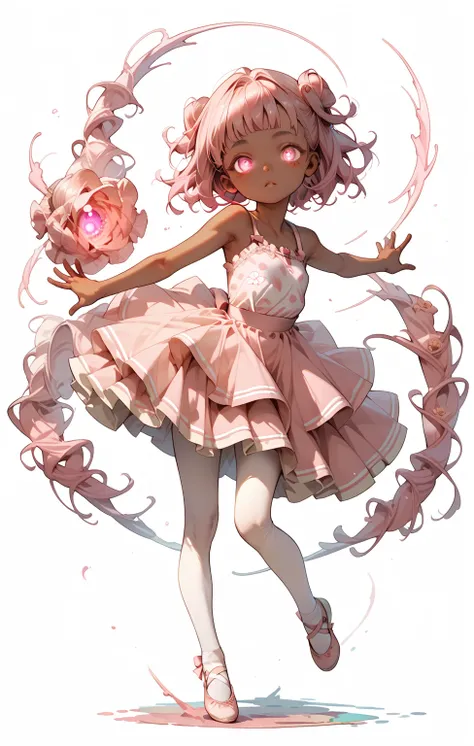 fullbody dark skin loli ballerina, white pantyhose, no skirt, pink eyes, glowing eyes