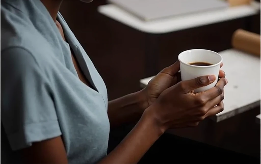 white girl holding a glass of coffee