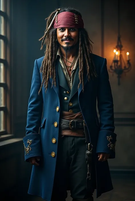 Captain Jack Sparrow ready to marry in dark blue suit