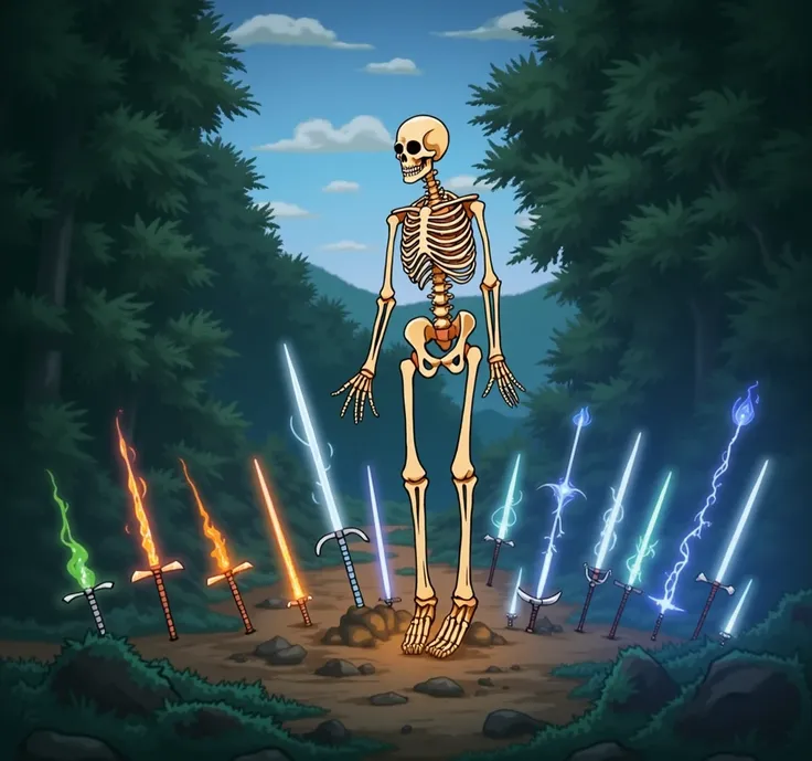  “Create a vivid anime-style illustration , depicting the skeleton of an adventurer warrior,  skills standing in surrounded by glowing magic weapons and ,  floating in the air behind him .  Among the glowing weapons are swords with elements of flame , ice ...