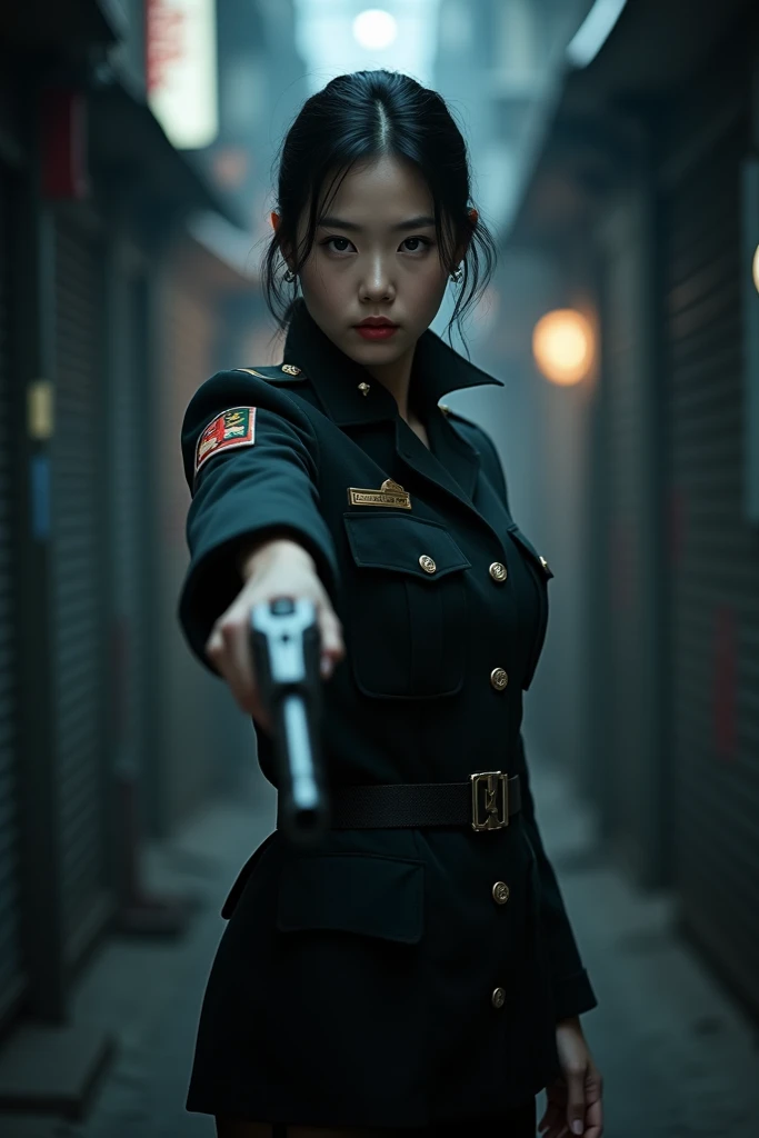 ((Good anatomy)) Ha Seung Lee, adult woman, tall, white, Korean nose, slanted gray eyes, calm and neutral expression, black uniform similar to a military one, gun in hand, dark alley, black hair tied in a loose bun.   --ar 2:3 --personalize zkoz2x8 --sw 20...