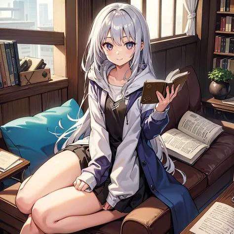 the inside of a library, 1girl, solo, bartende, reading a book, sitting, silver hair, long hair, silver eyes, flat chest, slim figure, smile, hoodie, perfect anatomy