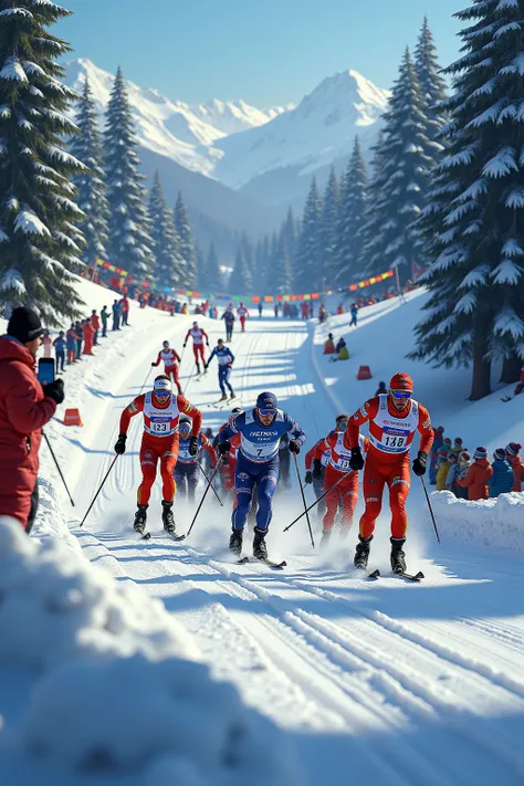 A dynamic and action-packed scene depicting a group of athletes participating in a cross-country skiing competition, racing toward the finish line with intense determination. The skiers are captured in mid-motion, their bodies leaning forward as they push ...