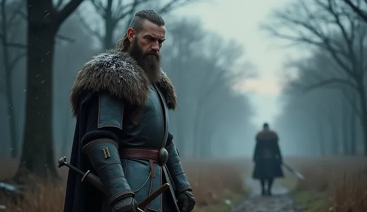 A warrior in traditional Viking armor, with intricate metal and fur details, stands in a forest clearing, holding a sword loosely at his side. His expression is a mixture of regret and longing, showing that even the strongest warriors can falter in matters...