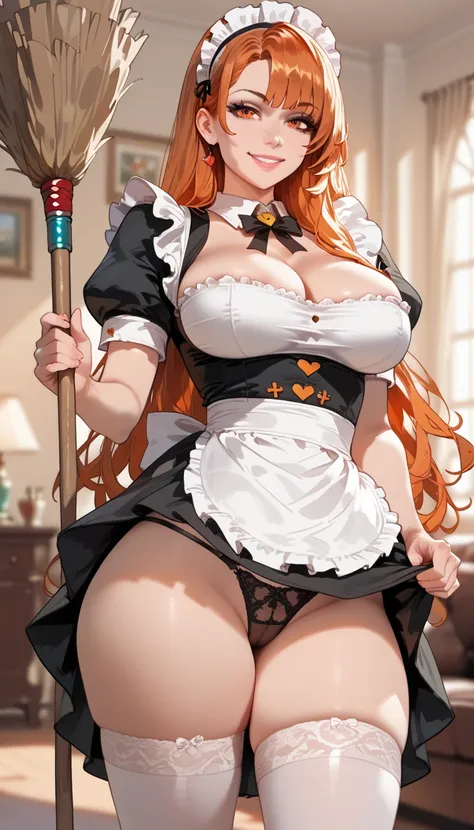 ultra-detailed, 1girl, solo, ((masterpiece)), (best quality), (highres), 16K, orange eyes, orange hair, long hair, wearing maid uniform, thighhighs, black panties, busty body, large breasts and a beautiful ass, showcasing cleavage, legs, hips, (holding bro...