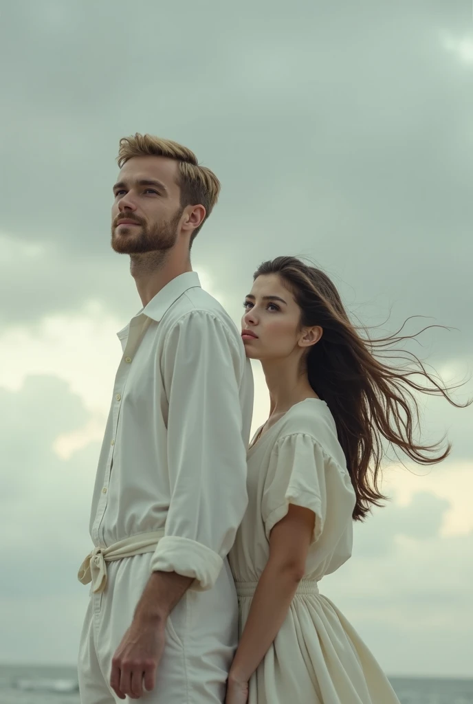  Create an image of a young man with short hair , a small blond beard dressed in white clothes and a brunette girl with long hair.  Let the background be cloudy with gray clouds ,  creating an atmosphere of calm and mild anxiety .  A man can be depicted ou...