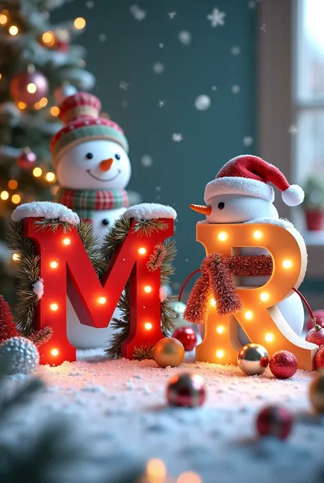 Letter M and R with Christmas decorations and Christmas background plus snowman 