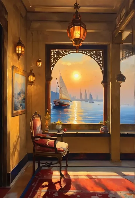 Cozy rooms, Big oil on the wall, Painter of Light, Monets paintings, Impressionist painting, oil, Harbour sunrise scenery, The sea is depicted with bold, improvised brushstrokes、A distant view of the port, completely shrouded in mist, The rising red sun is...