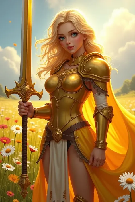 buff female sun themed summer paladin with golden blonde hair  wearing golden armor and armed with a golden greatsword with a cherubic face standing in a lush sunny field with colorful spring wildflowers