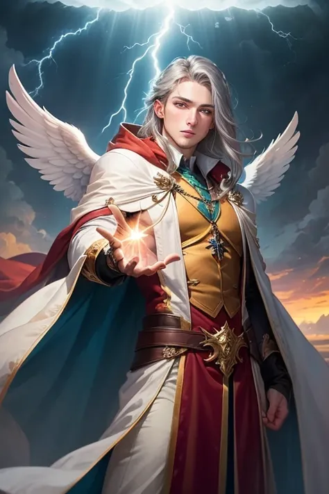 magician.  a young man with long gray hair and bright blue eyes, which shine.  hovers above the ground on white angel wings . dressed in a red cloak . , lightning breaks off one hand . a green ray .  radiates from his right hand outside the walls of a larg...