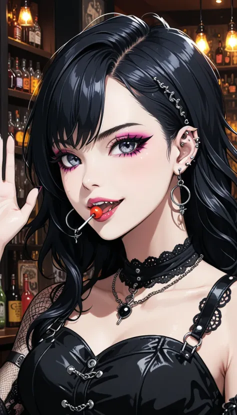 in style of Jaehyo Lee,(in style of Jillian Tamaki:0.9),
bar background,1 girl,gothic style,bonklers,lollipop candy into the mouth,close-up,(:d:1.4),(arm_around_waist:1.3),(waving:1.3),portrait,squinting,gothic girl with heavy makeup,(ear piercing:1.5),