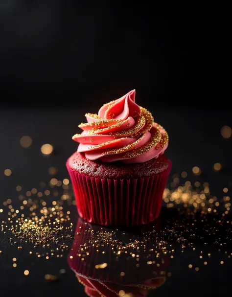 red cupcake on a plate, realistic, covered with tiny glitter stones, tiny gold filigree, placed on a black background with sparkles. Gold leaf, trending at the art station, sharp focus, studio photography, intricate details