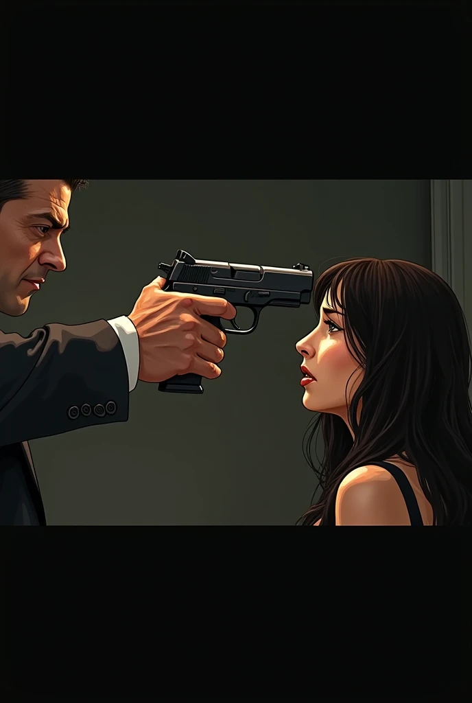 Man pointing a gun in the head at a black-haired woman, 