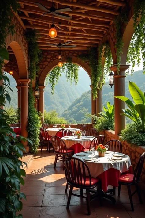 Create the image of a Peruvian restaurant divided into areas, area 1 jungle kitchen, area 2 cuisine of the mountains or the Andes, area 3 coastal or sea cuisine. The restaurant must be decorated or set according to the characteristics of each area.