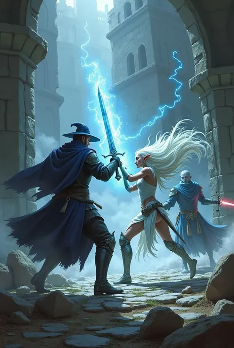 An elf with white hair and a blue sword fighting a wizard and paladin in a ruined castle